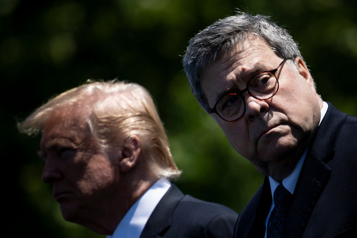 William Barr looks over his shoulder as Donald Trump stands in the background