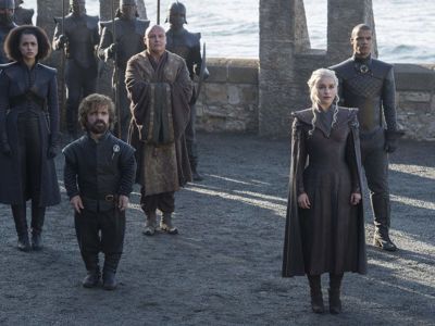 Peter Dinklage, Conleth Hill, Jacob Anderson, Nathalie Emmanuel, and Emilia Clarke in Game of Thrones.