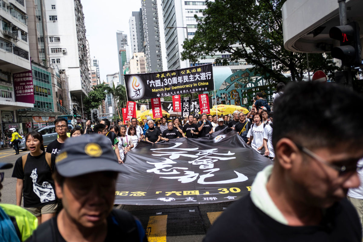 Pro-democracy activists march in Hong Kong in May 2019 to commemorate the 1989 Tiananmen Square protests.