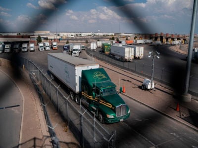 Semi-trucks cross the border at the Zaragoza International Bridge, in Juarez, Mexico, across the border from El Paso, Texas, on May 31, 2019. President Trump escalated his abrupt tariff threats against Mexico, triggering alarm about the likely economic fallout as the cost of goods for consumers and businesses across the border go up.