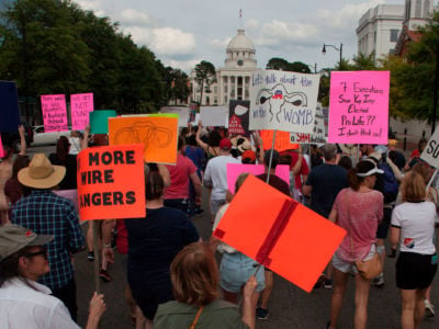 Pro-choice protesters march toward the State Capital building during the March For Reproductive freedom in Montgomery, Alabama, May 19, 2019.