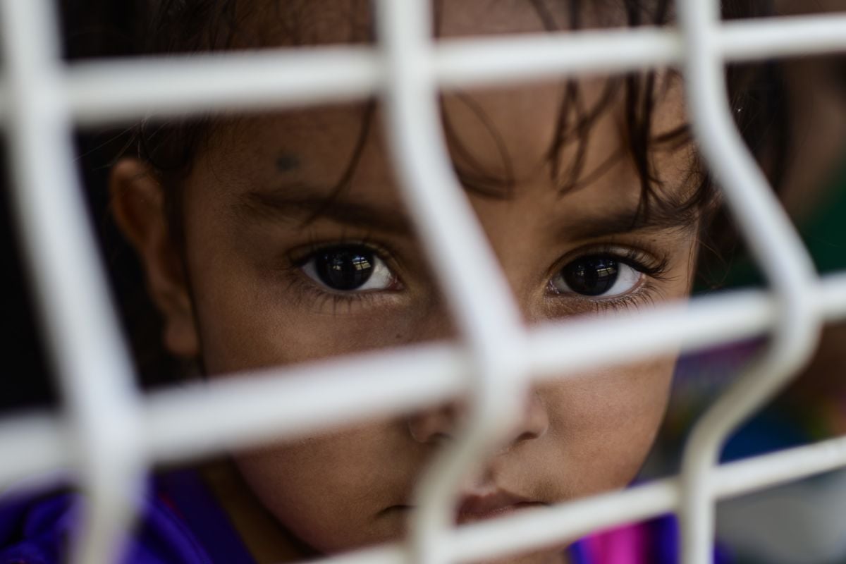 A child looks through wire mesh, immigration, migrants