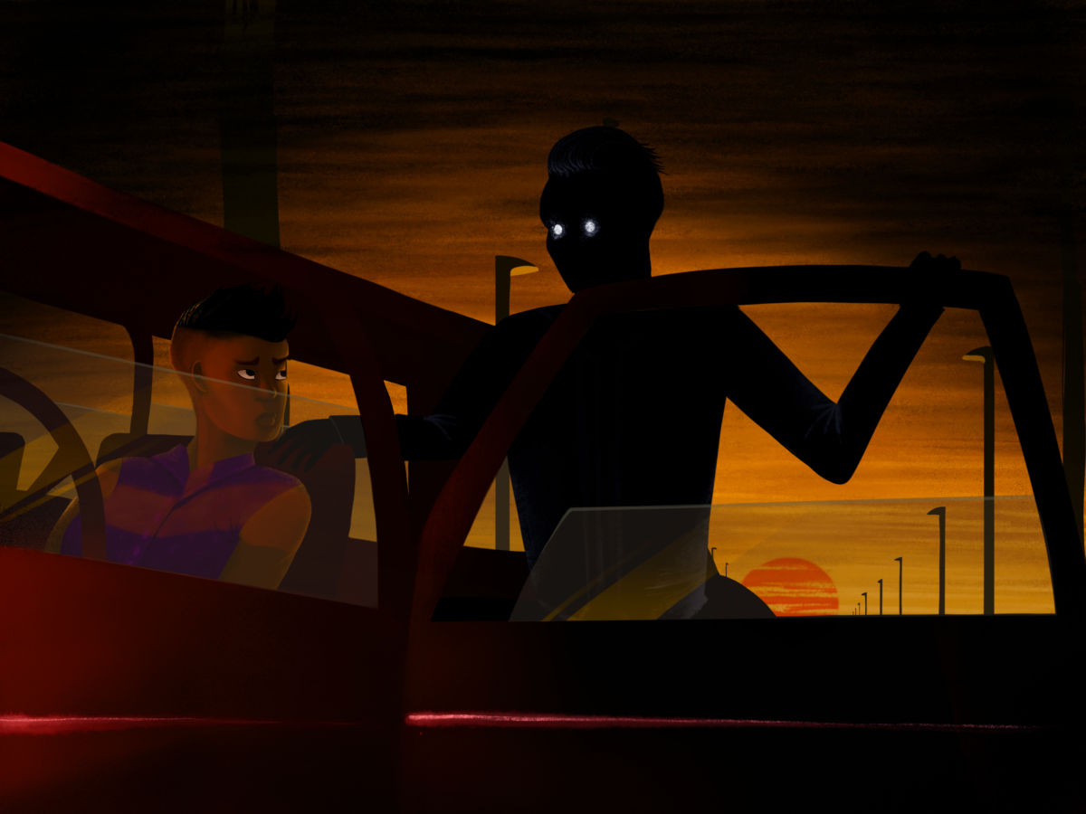 A dark shadow of a man climbs into the back seat of a person's car