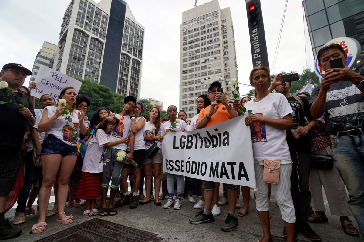 A group of demonstrators gathered on December 29, 2018, in Sao Paulo, Brazil, to protest "LGBTphobia" and honor 30-year-old hairdresser Plínio Henrique de Almeida Lima, who was murdered on December 21, 2018.