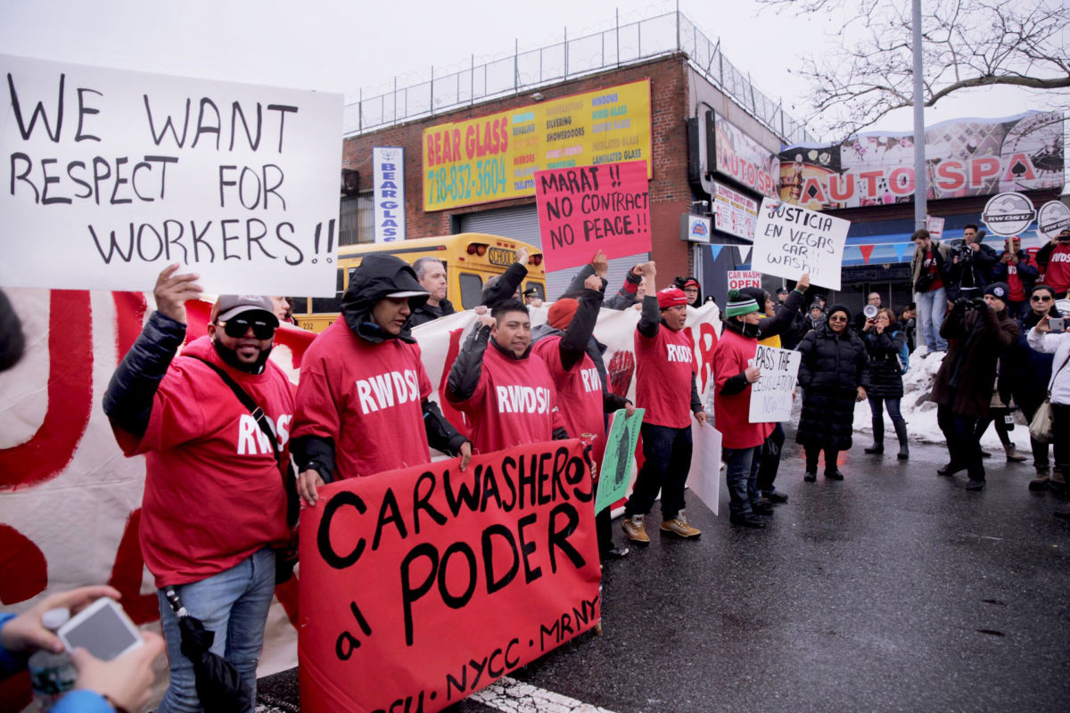 Carwasheros protest in New York City, March 3, 2015.