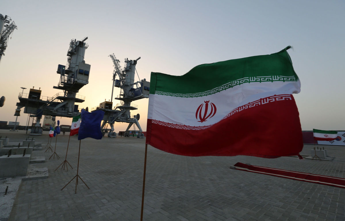 Iranian flags flutter during an inauguration ceremony at the Shahid Beheshti Port