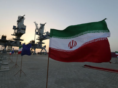 Iranian flags flutter during an inauguration ceremony at the Shahid Beheshti Port