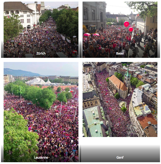 Four photos of large crowds during the women's strike in Switzerland