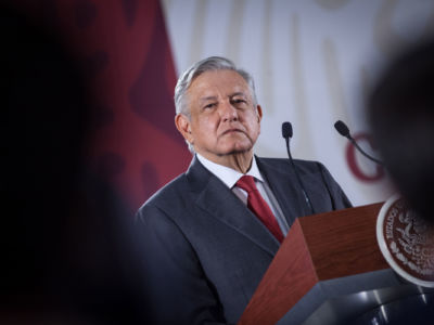 Mexican President Andres Manuel Lopez Obrador speaks during the daily morning press briefing at Palacio Nacional on June 14, 2019, in Mexico City, Mexico.