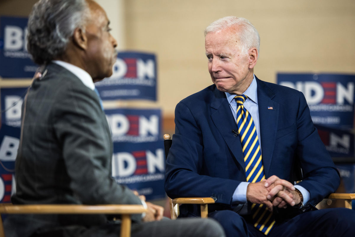 Democratic presidential candidate Joe Biden seen at a television interview with Al Sharpton during the 2019 South Carolina Democratic Party State Convention on June 22, 2019, in Columbia, South Carolina.