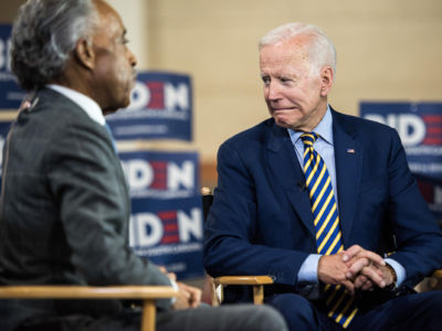 Democratic presidential candidate Joe Biden seen at a television interview with Al Sharpton during the 2019 South Carolina Democratic Party State Convention on June 22, 2019, in Columbia, South Carolina.