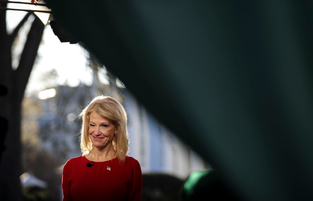White House Counselor to the President Kellyanne Conway winks while doing a television appearance outside of the White House