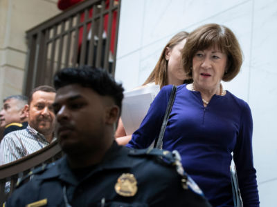 Sen. Susan Collins arrives at the Office of Senate Security on Capitol Hill, October 4, 2018, in Washington, D.C.