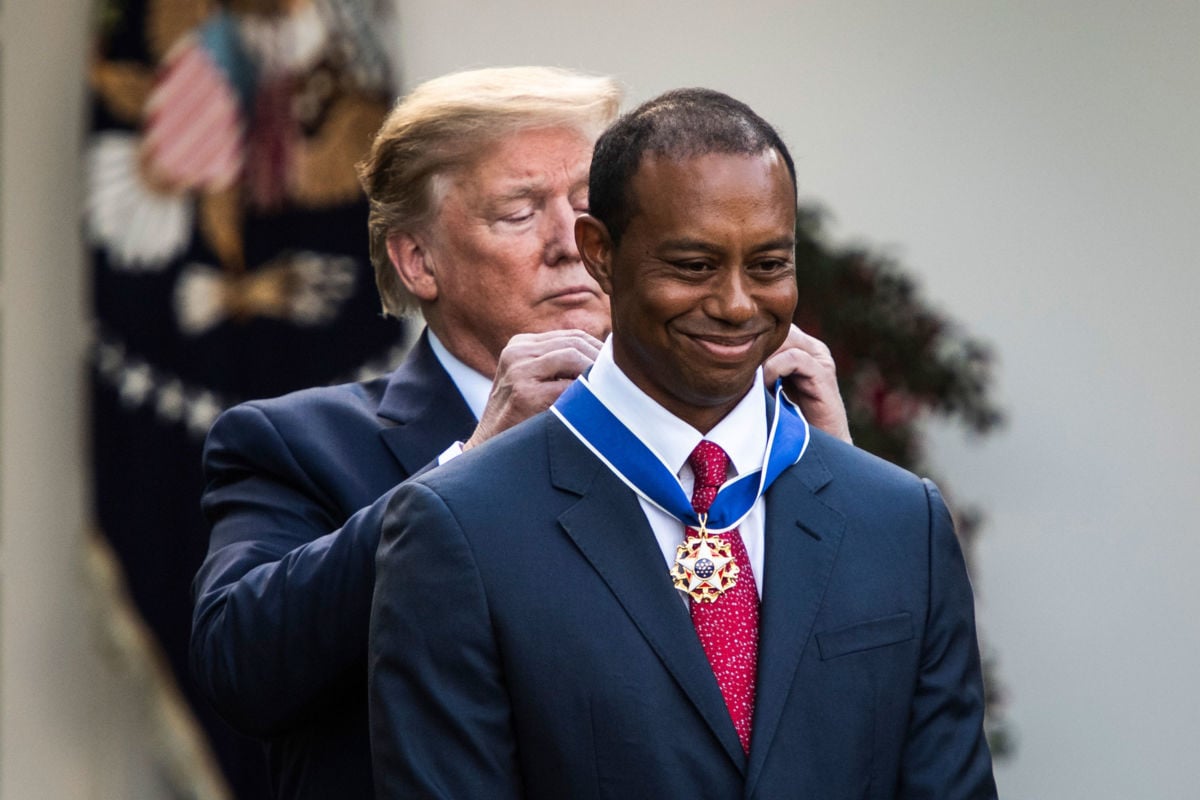 President Trump presents the Presidential Medal of Freedom to Tiger Woods in the Rose Garden at the White House on May 6, 2019 in Washington, D.C.