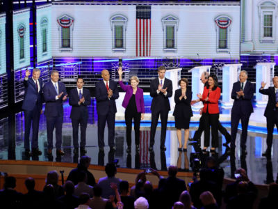 Democratic presidential candidates take the stage during the first night of the Democratic presidential debate on June 26, 2019, in Miami, Florida.