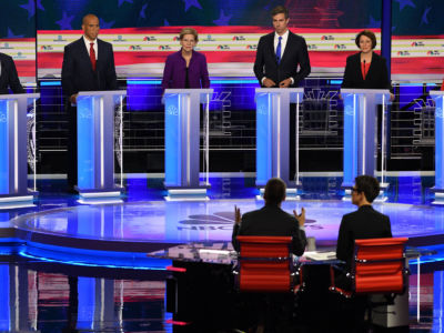Democratic presidential candidates take part in the first night of the Democratic presidential debate on June 26, 2019 in Miami, Florida.