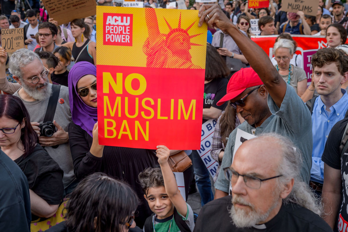Over a thousand New Yorkers and immigration rights community organizations gathered at Foley Square in lower Manhattan, to rally against the Supreme Court decision to uphold the Muslim Ban, June 26, 2018.