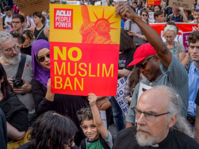 Over a thousand New Yorkers and immigration rights community organizations gathered at Foley Square in lower Manhattan, to rally against the Supreme Court decision to uphold the Muslim Ban, June 26, 2018.