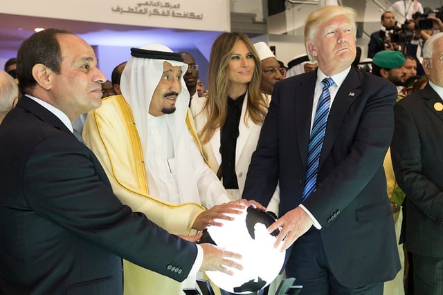President Donald Trump and First Lady Melania Trump join King Salman bin Abdulaziz Al Saud of Saudi Arabia, and the President of Egypt, Abdel Fattah Al Sisi, Sunday, May 21, 2017, to participate in the inaugural opening of the Global Center for Combating Extremist Ideology.
