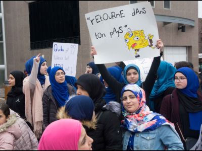 Demonstrations against Bill 21 in Montreal, Canada. The bill, which restricts public sector workers from displaying religious symbols at work, is an implicit attack on Muslims.