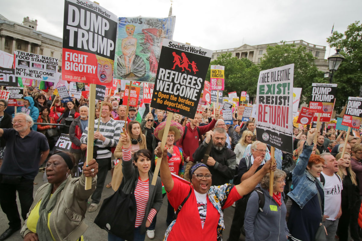 Protesters march against Donald Trump's state visit in central London, on June 4, 2019.