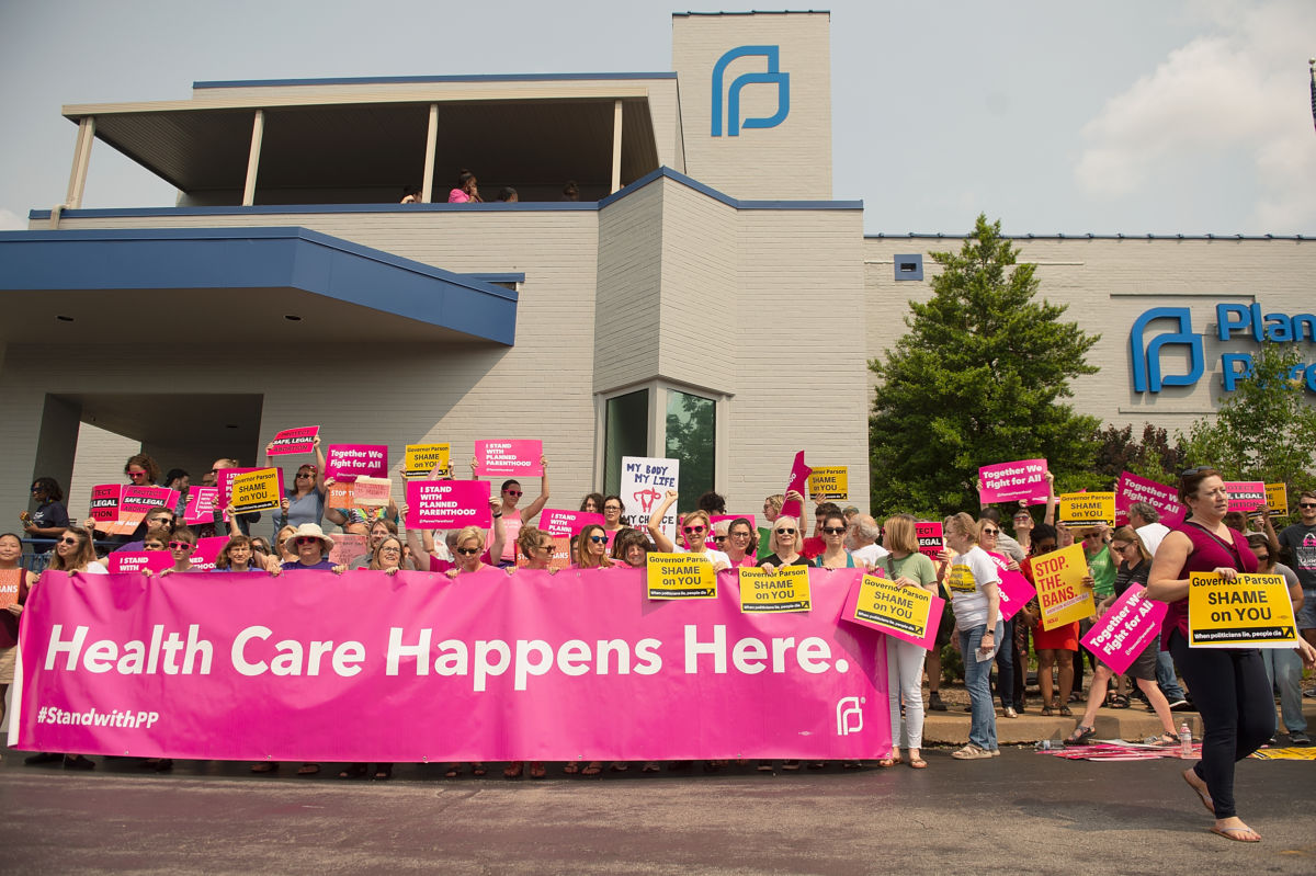 Pro-Choice supporters, along with Planned Parenthood staff celebrate and rally outside the Planned Parenthood Reproductive Health Services Center on May 31, 2019, in St Louis, Missouri.