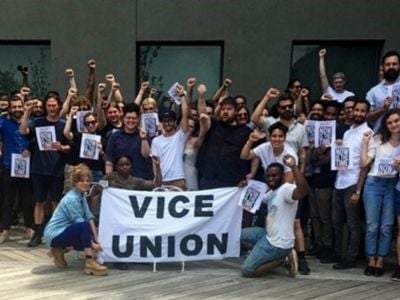 Members of Writers Guild of America, East, show solidarity with fellow union members at Vice in July, 2018.
