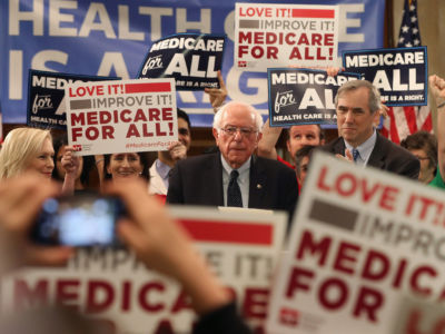 Sen. Bernie Sanders speaks while introducing the Medicare for All Act of 2019 with Sen. Kirsten Gillibrand and Sen. Jeff Merkley during a news conference on Capitol Hill, on April 9, 2019, in Washington, D.C.