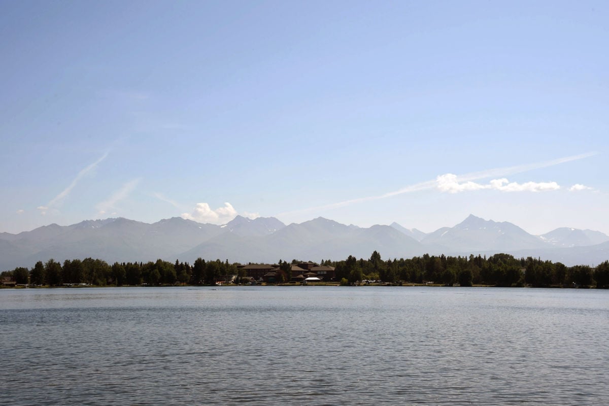 A view of the Chugach Mountains as seen from the Lake Hood Seaplane Base on July 4, 2019, in Anchorage, Alaska.