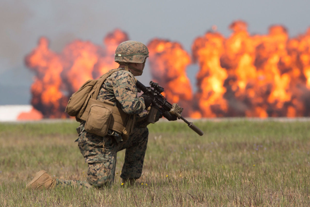 U.S. Marines conduct a Marine Air-Ground Task Force demonstration during the 43rd Japan Maritime Self-Defense Force – Marine Corps Air Station Iwakuni Friendship Day at MCAS Iwakuni, Japan, May 5, 2019.