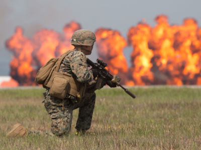 U.S. Marines conduct a Marine Air-Ground Task Force demonstration during the 43rd Japan Maritime Self-Defense Force – Marine Corps Air Station Iwakuni Friendship Day at MCAS Iwakuni, Japan, May 5, 2019.