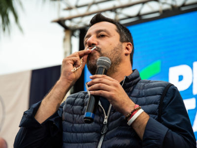 Matteo Salvini kisses a rosary during an election rally on May 31, 2019, in Aversa, Italy.