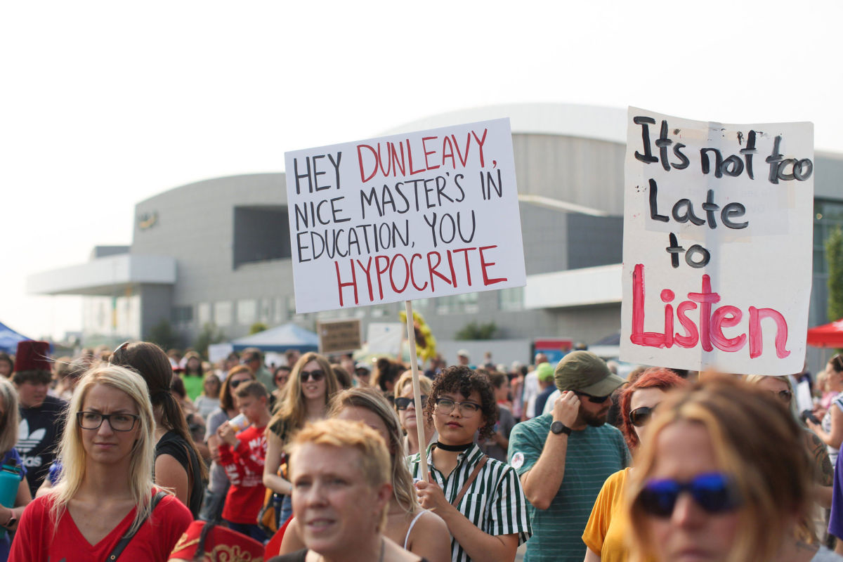 Students protest Alaska Gov. Mike Dunleavy’s budget cuts at the University of Alaska, Anchorage campus.