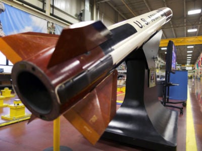 A Patriot GEM-T missile stands in an assembly area at Raytheon's Integrated Air Defense Center in Andover, Massachussetts.