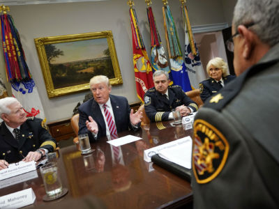 President Trump takes part in a roundtable discussion with members of the National Sheriff's Association in the Roosevelt Room of the White House on February 13, 2018, in Washington, D.C.