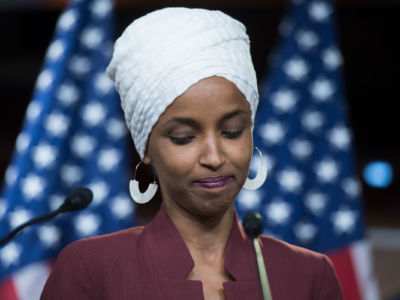 Rep. Ilhan Omar conducts a news conference in the Capitol Visitor Center responding to negative comments by President Trump that were directed at the freshmen House Democrats on Monday, July 15, 2019.