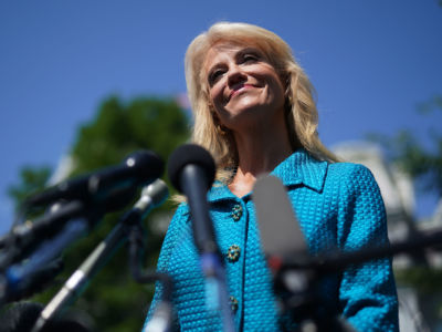 White House Counselor to the President Kellyanne Conway talks to reporters outside of the West Wing July 16, 2019, in Washington, D.C.