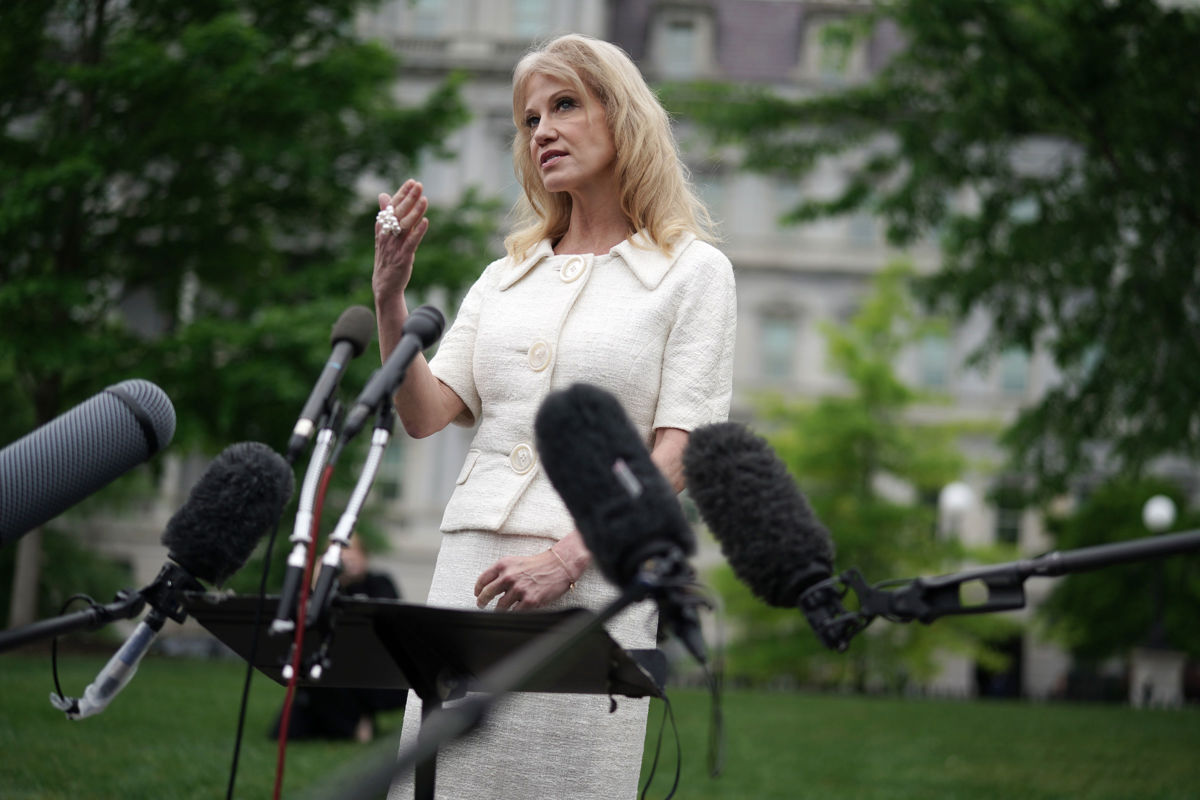 Counselor to President Donald Trump, Kellyanne Conway, talks to reporters outside the White House, May 1, 2019, in Washington, D.C.
