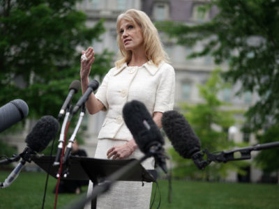 Counselor to President Donald Trump, Kellyanne Conway, talks to reporters outside the White House, May 1, 2019, in Washington, D.C.