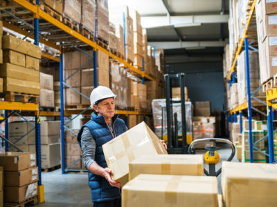 An elderly man carries a box in a warehouse