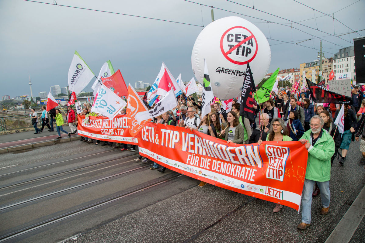 Protesters demonstrate against the Transatlantic Trade and Investment Partnership and Comprehensive Economic and Trade Agreement in Berlin, Germany, on September 17, 2016.