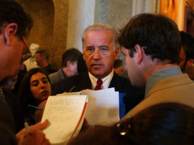 Sen. Joe Biden speaks to the press after Senate luncheons, October 1, 2002.