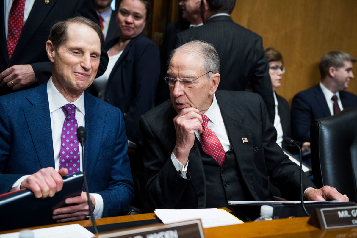 Sens. Ron Wyden (left) and Charles Grassley seen before a Senate Finance Committee hearing on February 26, 2019.