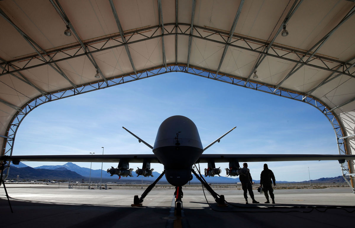 An MQ-9 Reaper remotely piloted aircraft is prepared for a training mission at Creech Air Force Base