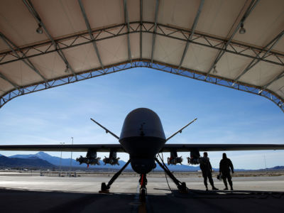 An MQ-9 Reaper remotely piloted aircraft is prepared for a training mission at Creech Air Force Base