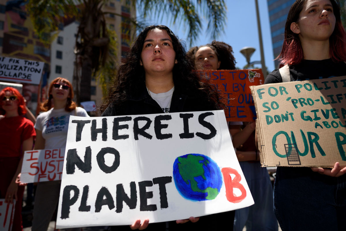 A protester is seen during a climate change demonstration holding a placard that says 'there is no planet B' in Los Angeles, California, May 24, 2019.