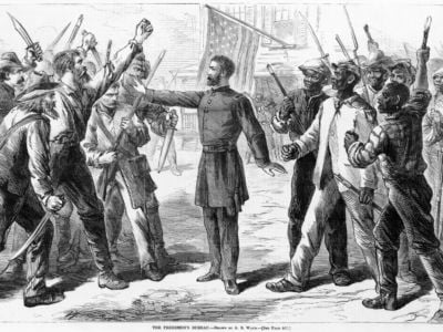 A man representing the Freedman's Bureau stands between armed groups of Euro-Americans and Afro-Americans in this illustration from 1868.