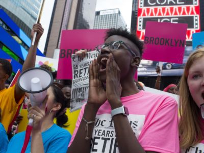 High school students from New York City's public high schools demonstrate against a segregated school system on May 17, 2019, in Times Square, New York City. New York City has some of the most segregated schools in the nation, and black and latino students continue to be vastly underrepresented at the city's elite public high schools.