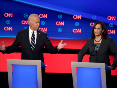 Former Vice President Joe Biden and Sen. Kamala Harris seen during the Democratic Presidential Debate at the Fox Theatre, July 31, 2019, in Detroit, Michigan.