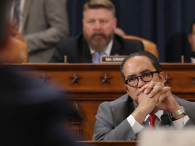 House Intelligence Committee member Rep. Will Hurd listens to testimony during a hearing in the Longworth House Office Building on Capitol Hill, June 13, 2019, in Washington, D.C.